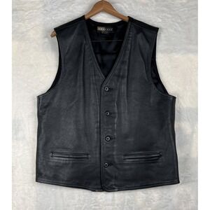 Vintage Leather Men's Vest Size Large Black V-Neck Button Up Moto Biker Western